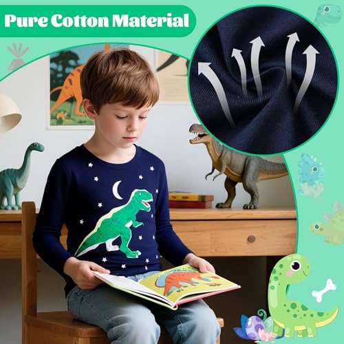 FILOWA Camiseta Niños Manga Largas Algodón T-Shirt Cuello Redondo Azul Marino tee Elástica Cómoda Luminoso Dinosaurio Brachiosaurus Estampado Top Primavera Otoño Invierno Ropa para Infantil 3-4 años