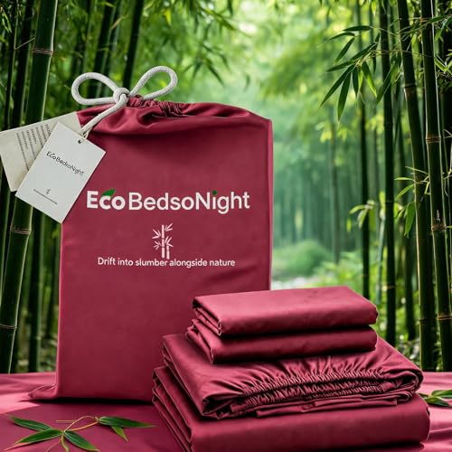Image of 100% Viscose Derived from Bamboo Sheets King Size,Soft & Cooling Viscose from Bamboo Sheets Set, Organically Grown,Breathable & Soft Deep Pocket Up to 18 Inches(Burgundy)