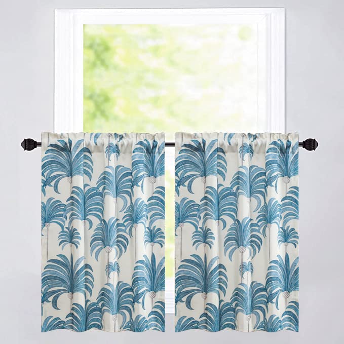 VOGOLTiers Kitchen Curtains 36 Inch Length Blue Small Window Curtains for Bathroom Laundry Room Basement Rod Pocket Tropical Palms Printed Window Drapes, 30 x 36, 2 Panels