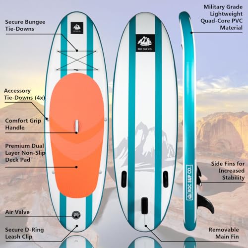 ROC Inflatable Stand Up Paddle Board with Premium SUP Paddle Board Accessories, Wide Stable Design, Non-Slip Comfort Deck for Youth & Adults (Aqua W/Kayak Seat)