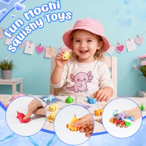 Image of 24 Packs Valentines Day Gifts for Kids Classroom, Funny Valentines Day Card with Axolotl Mochi Squishy Toys, Kawaii Squishy Toys, School Classroom Exchange, Valentines Party Favors