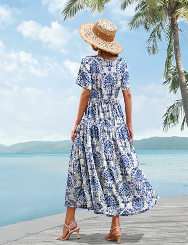 Image of YESNO Women Casual Loose Bohemian Floral Dress with Pockets Short Sleeve Long Maxi Summer Beach Swing Dress EJF