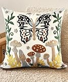 Kokaaee Embroidered Throw Pillow Covers - 18x18 Decorative Pillow Covers with Zipper Aesthetic Cute Design Boho Summer Linen Throw Pillowcases for Living Room Couch Sofa Bed, Butterfly Moon