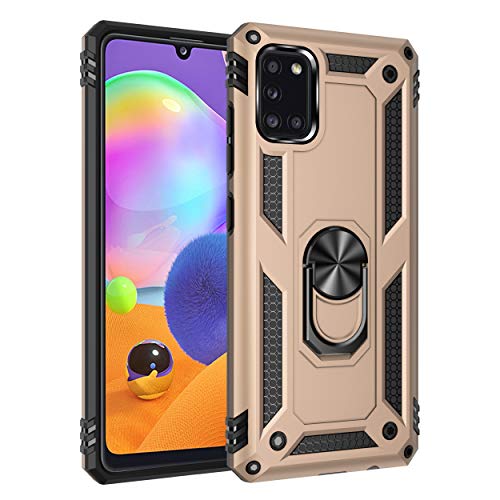 SORAKA Case for Samsung Galaxy A31 with Ring Holder Armor Case Samsung Galaxy A31 Case Soft TPU Bumper Hard PC Back Cover with Metal Plate for Magnetic Phone Car Mount Gold