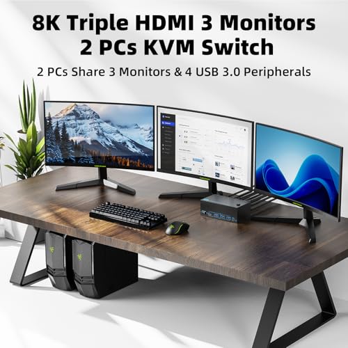 Image of 8K KVM Switch 3 Monitors 2 Computers 3 Port HDMI Dual PC Triple Monitor 2 PC 8K@60Hz /4K@120Hz 2 in 3 Out USB 3.0 KVM Switches, Wired Remote & USB 3.0 Cables & Power Cable Included