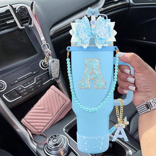 Hpebl 9PCS Blue for Stanley Cup Accessories Set Bling Initials Bow Charms for Stanley Decorations 30/40 Oz Tumbler Accessories Including Bow Straw Topper, Handle Strap, Spill Stopper（Letter A） - image 6