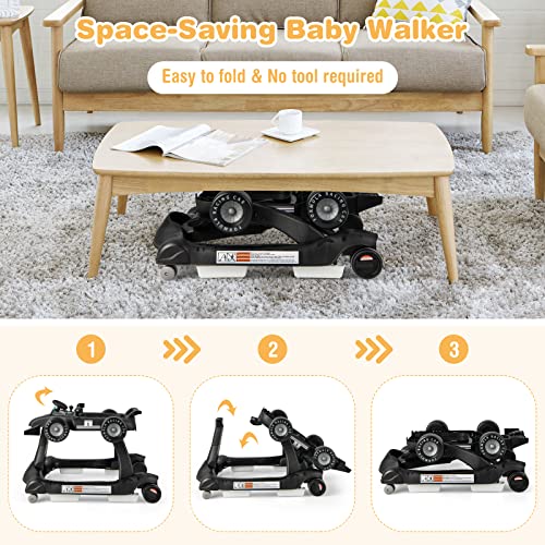 Image of GLACER Foldable Baby Walker, 4-in-1 Infant Walker with Adjustable Height & Speed, Music, Light, Steering Wheel & Washable Cushion, Baby Walker Activity Center for Boys Girls 6 -18 Months (Black)