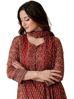Arayna Women's 100% Pure Cotton Jaipuri Block Printed Kurta Pant Dupatta Set, Scarlet Red, Medium
