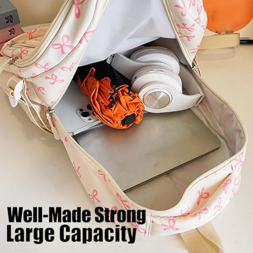 3PCS Set Bow Backpack for Girls, Cute Kawaii Backpacks Set Large Capacity, Nylon Coquette Casual Daypack (White)3