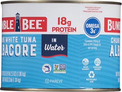 Image of Bumble Bee Chunk White Albacore Tuna in Water, 66.5 oz Bulk Food Service Can - Wild Caught Tuna - 20g Protein per Serving, High in Omega-3s - Non-GMO Project Verified, Gluten Free, Kosher (Pack of 5)