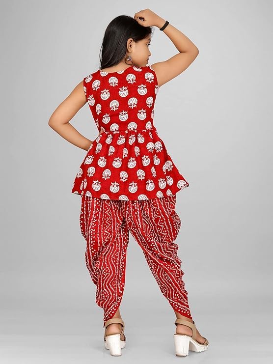 Image of Suhana Fashion Girls Dress Girls Cotton Kurti Top with Dhoti Kurta Set & Dupatta