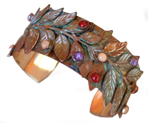 Elaine Coyne Collectible Artwear Bayberry Leaf Cuff Bracelet with Semi-Precious Stones - USA Made