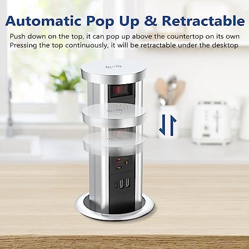 Btu JTL1101F Pop Up Outlet For Countertop, Receptacle Power Strip With Usb C & 4 Ac Outlet, Pull Popup Outlet Recessed Power Socket With 10W Wireless Charger For Kitchen Conference Office thumb #1