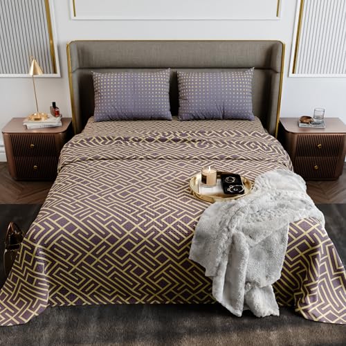 Image of Stoa Paris 100% Cotton Super King Bedsheet with 2 Pillow Covers for King & Double Beds,180TC Printed Bedding Set, Breathable, All-Season Comfort, Lightweight, Urbanscape - Marigold Maze (274cmx274cm)