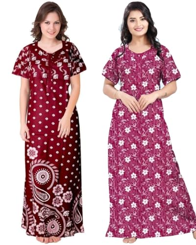 Image of Women Cotton Nighty Combo Pack of 2, Printed Maxi Nighty Gown, Short Sleeve Cotton Nightdress, Soft Breathable Ankle Length Sleepwear Nightwear for Ladies, Free Size