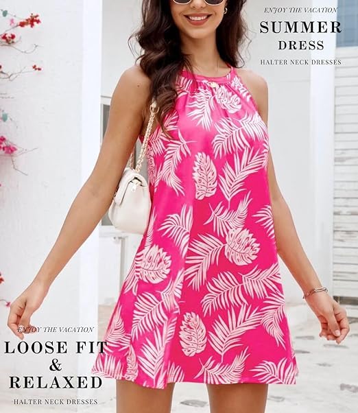 Image of ANYFITTING Summer Dress with Built in Bra Casual Beach Sundress Flowy Halter Mini Short Dresses for Women 2026