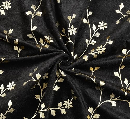 Image of Heavy Velvet Fabric Room Darkening Floral Design Curtains 8 Feet for Door, Black, Pack of 2 Pieces