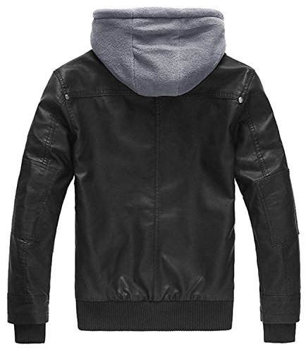 Wantdo Men's Motorcycle Leather Jacket Hooded Warm Winter Jacket Large Black(Thick) #TOP2