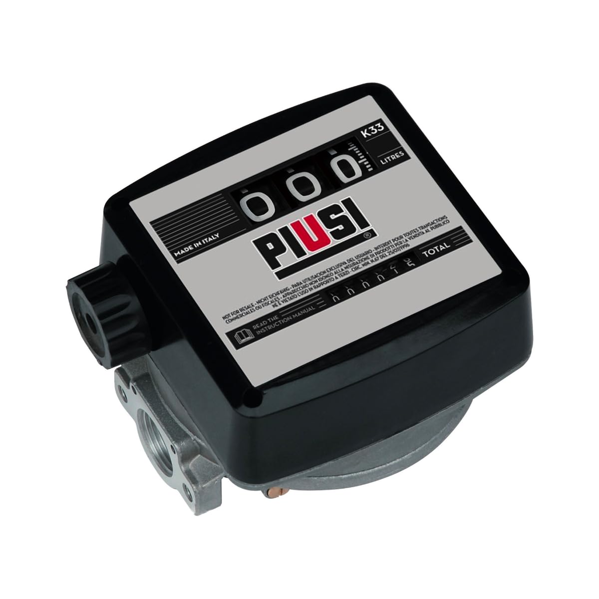 PIUSI Contalitri Meccanico a 3 cifre per Carburante Diesel, Portata Fino a 120 l/min, Attacco 1" BSP, Regolabile in 4 direzioni di Flusso, Contatore Parziale + Totale | K33