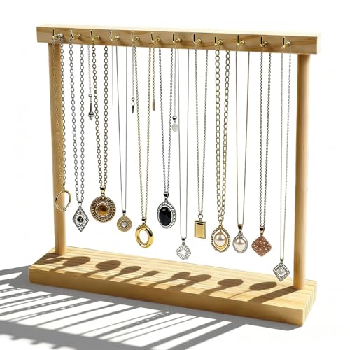 RTSHUK Kettenständer Schmuck Schreibtisch Schmuckständer Holz Tragbar Armbandhalter mit 12 Haken Ketten Aufbewahrung Schmuckaufbewahrung Holz Schmuckhalter Kettenhalter für Ketten Ohrringe