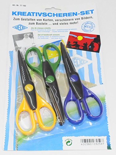 Wedo 77193 Kreativ Scheren (3er-Set, 16 cm, 3 Schnittmuster: Wellen-, Zacken- und Büttenschnitt) , farbig sortiert