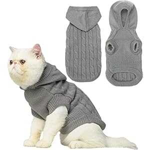 PUPTECK Winter Dog Cat Sweater – Cold Weather Clothes for Kitties & Small Dogs Indoor Outdoor Walking Warm (Grey, M: Chest Girth 13.8”, Back Length 14”)