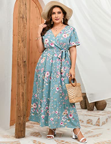 Image of ShopWonder Womens Plus Size V Neck Wrap Maxi Dress High Waist Ruffle Summer Casual Dress with Belt