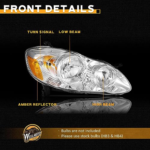 Image of WEELMOTO Halogen Headlights Assembly for 03-08 Toyota Corolla CE /LE /S /XRS | Clear Lens Chrome Housing Amber Reflector, Left+Right Side, Plug-and-Play, Halogen Headlamps, OEM: 81150-02360, 81110-02370