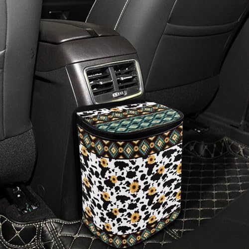 Image of Tribal Aztec Cow Print Car Trash Bin Interior Accessories Portable Leak Proof Vehicle Garbage Cans Bag for Back Seat Washable Mini Car Trash Cans