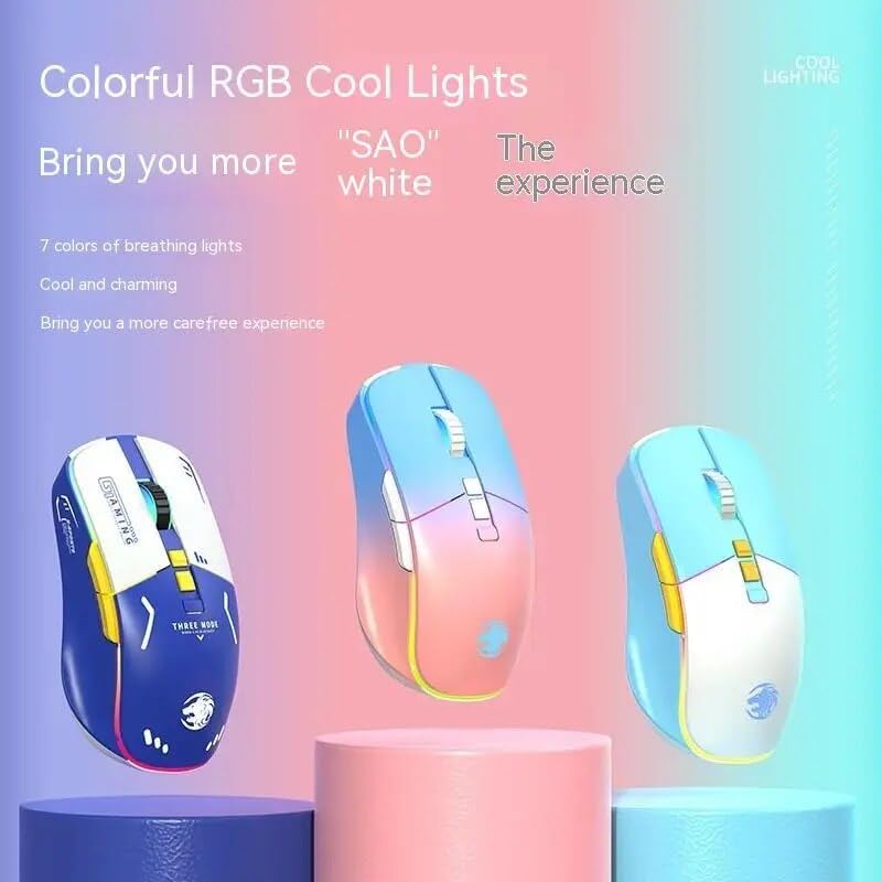 Three Eweadn G308 mice in different color schemes (white/orange, blue/pink, blue/yellow) displayed with vibrant RGB lighting. Text on the image says 'Colorful RGB Cool Lights'.
