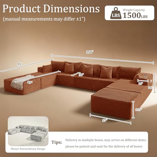 Image of 168 inch Cloud Sectional Couch, Comfort U Shaped Sofa for Living Room, Extra Deep Seats No Assembly, Minimalist Modular Couch, Corduroy (Deep Orange, 9 Seats,U-Shape B)