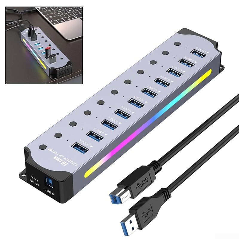 Hub USB multifunzione con dieci porte con controlli individuali per prestazioni ottimali e sorprendente per l'aspetto di raffreddamento RGB