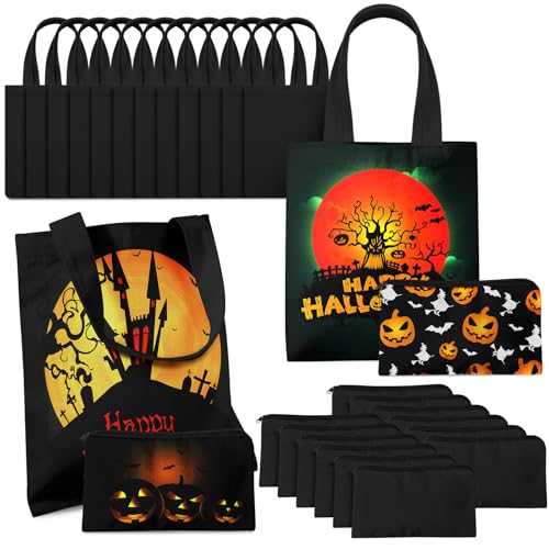 Amylove 24 Pcs Mini Canvas Tote Bag Set Include Small Canvas Bag Blanks Small Pouches with Zipper for Sublimation (8.5 x 8,Black)