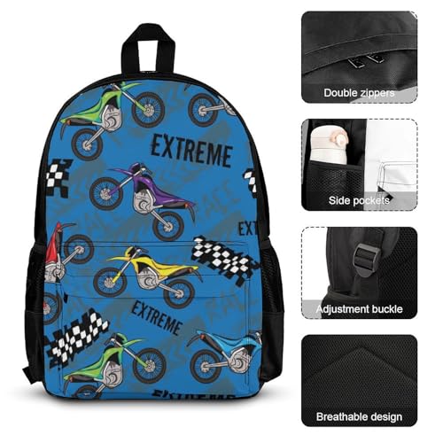 Dirt-Bike Motocross Backpack with Lunch Box Pencil Case 3pcs Backpack Set for Work Men Women3