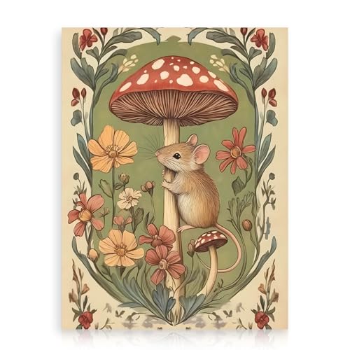 Dazzlewall Arte Caprichoso de Ratón y Seta Estilo Cottagecore, Lienzo Rústico Botánico Floral para Decoración de Sala de Estar o Dormitorio, 12x16 Pulgadas Sin Enmarcar