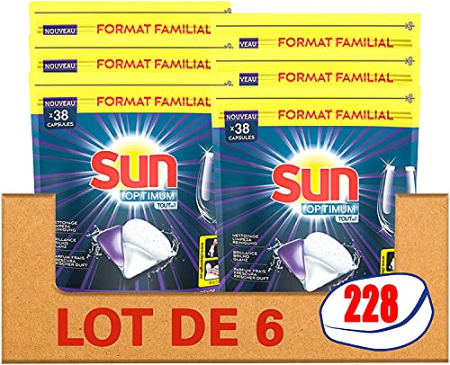 Sun Capsules Lave-Vaisselle Optimum Tout En 1 x228, Efficacité Impeccable, Ingrédients Naturels, Nettoyage, Brillance & Parfum frais, 228 Lavages (Lot de...