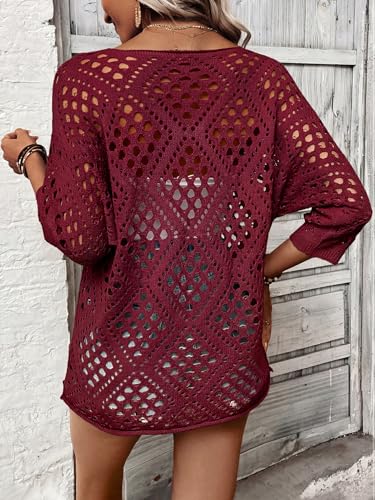 Image of Verdusa Women's Crochet Beach Summer Sweater 3 /4 Length Sleeve Boho Off The Shoulder Tops