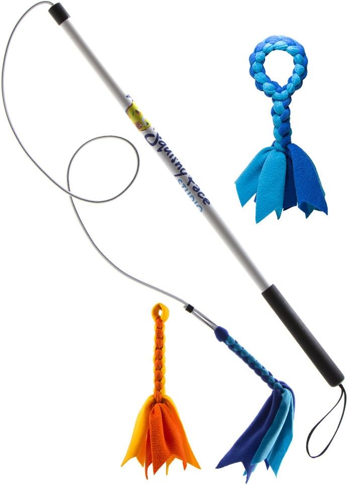 Squishy Face Studio Flirt Pole V2 Dog Exercise Toy Bundle with 2 Fleece Lures and Fleece Tug, 36-Inch