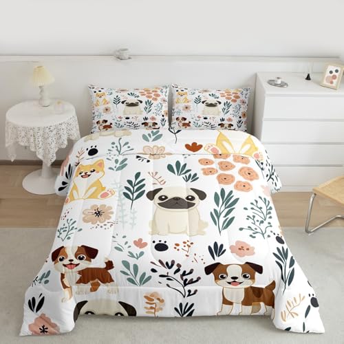Image of Feelyou Cute Puppy Dog Bedding Set Kids Toddler King, Dog Animal Bedding Set Dogs and Flowers Comforter Set Botanical Plant Duvet Set Durable Quilt Set