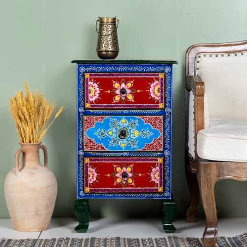 Image of Wooden Bedside Table for Bedroom | 3 Drawer Side Table | Handpainted Rajasthani Chest of Drawers | Solid Wood Small Bedside Table with Drawer Storage for Living Room (Handpainted-3)