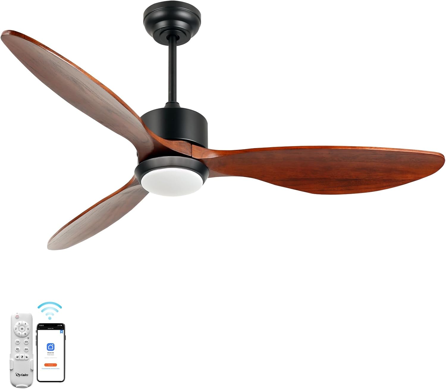 Ovlaim 52 Inch Indoor Outdoor ETL Listed Quiet DC Motor Walnut Wood Ceiling Fans with Lights Remote Control, 3 Blade Propeller Smart Ceiling Fan for Bedroom Living Room 52'' Walnut Wood 52 INCH