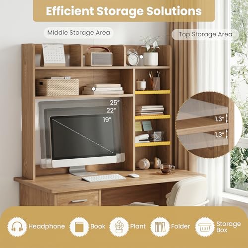 Image of Tangkula Desktop Bookshelf with LED Lights, Desk Hutch with 8 Shelves for Max 25 inch Monitor, Desktop 5-Tier Display Rack, Multipurpose Wood Desktop Storage Hutch Organizer for Dorm Office Home (Natural)