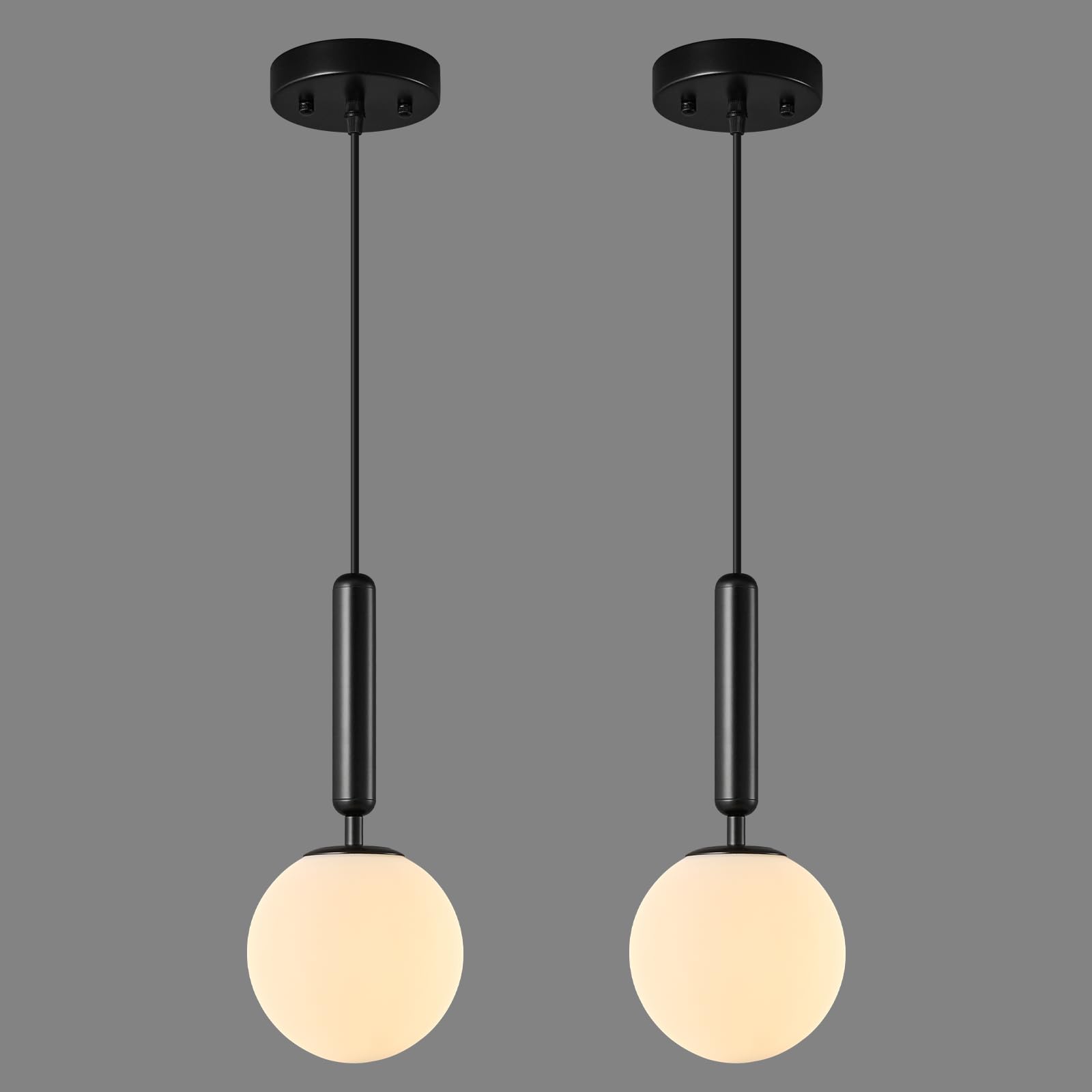Modern Hanging Light Fixture Pendant Lighting for Kitchen Island Mid Century Black Pendant Lights with Globe Milky White Glass Pendant Light for Bedroom Bathroom Entryway (2 Pack)