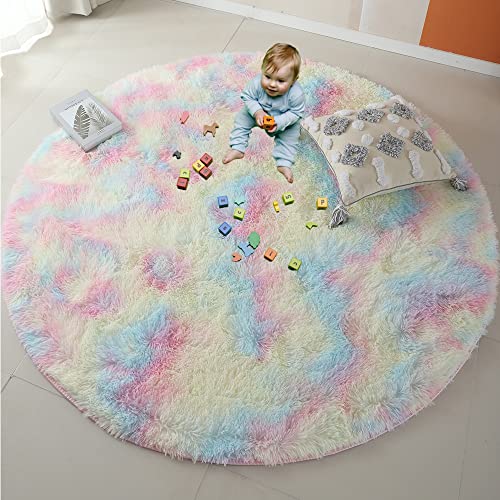 Fluffy Round Area Rug for Bedroom 120cm Soft Fuzzy Circle Rug for Kids Girls Baby Room Indoor Plush Circular Nursery Rugs Cute Modern Furry Rugs for Living Room Shaggy Carpet for Bedroom Rainbow - Image 4