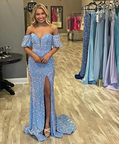 Off Shoulder Puffy Sleeve Mermaid Prom Dresses Long 2024 with Slit Sequin Formal Evening Party Gowns for Women 6
