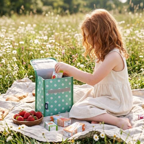 Image of Wildkin Insulated Lunch Bag for Kids, Daisy | 10 x 8.5 x 5 in insulated fold-flat lunch bag with touch closure, sturdy carry handle and wipe-clean lining.