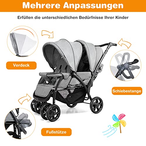 COSTWAY Geschwisterwagen klappbar, Zwillingswagen mit verstellbarer Rückenlehne & Verdeck, Reisebuggy mit Liegefunktion, Zwillingsbuggy Doppel Kinderwagen für Baby ab 6 Monate, 30 kg Belastbar