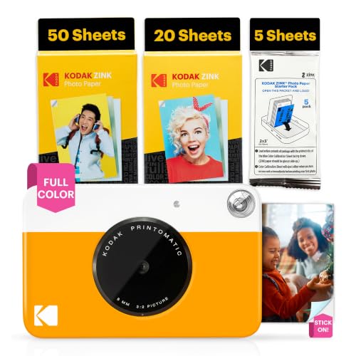 Image of Kodak Printomatic Full-Color Instant Print Digital Camera - 75 Sheets Bundle - Prints On Zink 2x3 Sticky-Back Photo Paper - 5MP, Portable, Creative Fun Gift for Birthday, Christmas, Holiday -Yellow