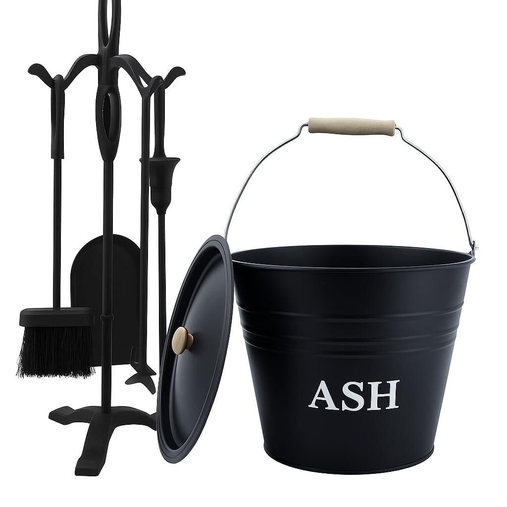 Almineez Companion Set 5 Piece Fireside Companion Tool Set Cast Iron Fireplace Wood Burner Coal Stove Accessories Set with 12L Ash Bucket, Lid, Broom, Shovel, Tong & Poker with Stand