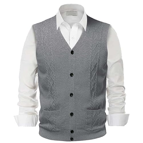 Sweater Vest Men Plaid Button Up Cardigan V Neck Sleeveless Fashion Casual Knit Tops Loose Sweater Vest with Pocket